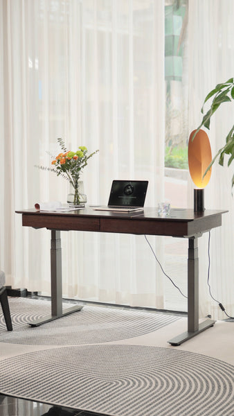 Dual Motor Electric Sit to Stand Workstation with Embedded Pull-Out Drawer, Height Adjustable with Supportive Legs, Smoky Wood Veneer Top (R20122-01 Basic)