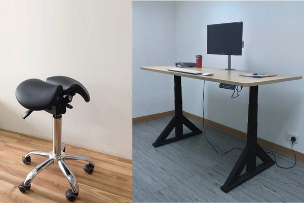 Combo of Dual Motor Electric Sit to Stand Workstation with Ergonomic Adjustable Rolling Active Chair, (DM9+R4008)