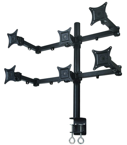 Hex LCD Monitor Desk Mount Stand Heavy Duty & Fully Adjustable 6 Screens Upto 27" Articulating Arms,  C-Clamp, (6MS-CTW)