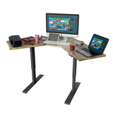 Dual Motor L-Shaped Standing Desk, Height Adjustable Electric Corner Desk, Home Office Table with Splice Board, Black Frame with Rustic Wooden TableTop (DML1000)