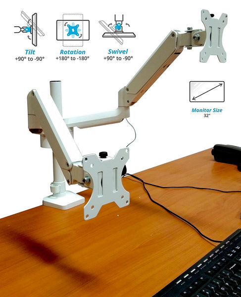 Full Motion Aluminum Dual Monitor Stand, Articulating Gas Spring Vesa Mount Stand with Heavy Duty C-Clamp Base, Hold Up to 27" Screens, Up to 17.6 lbs Per Arm, White (2MSGW)