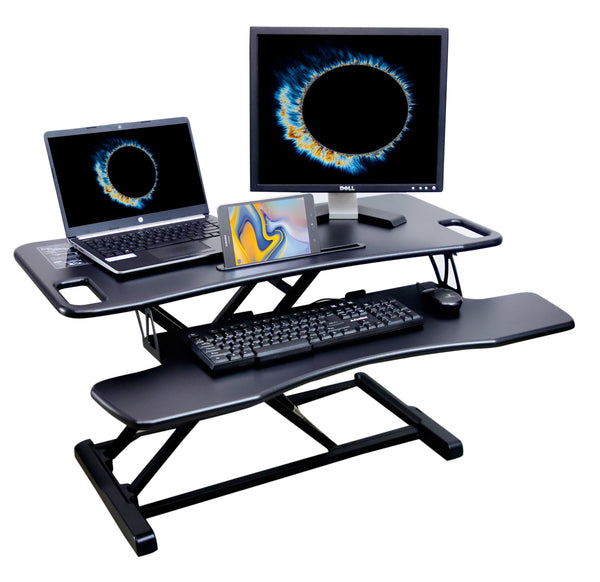 Gas Spring Height Adjustable Riser Converter, Sit-Standing Desk 37.4 Inch Wide Platform Riser Desk with Removable Keyboard Tray (Large), Black (RTE-BIG)