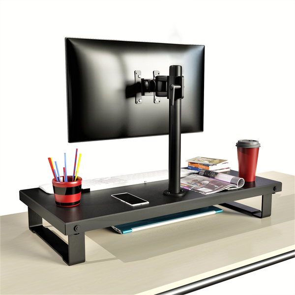 Rife LCD Monitor Desk Stand Adjustable Tilt Free-Standing Mount fits 1 Screen up to 27 (Bigger Size Organiser Stand with Arm), Black (RS001D)