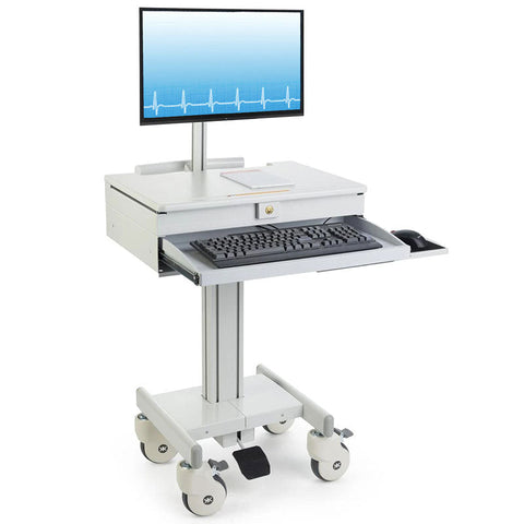 Computer Medical Cart, for 15”-27” Screens, Height Adjustable, Lockable Drawers, Gray (HSC-DM)